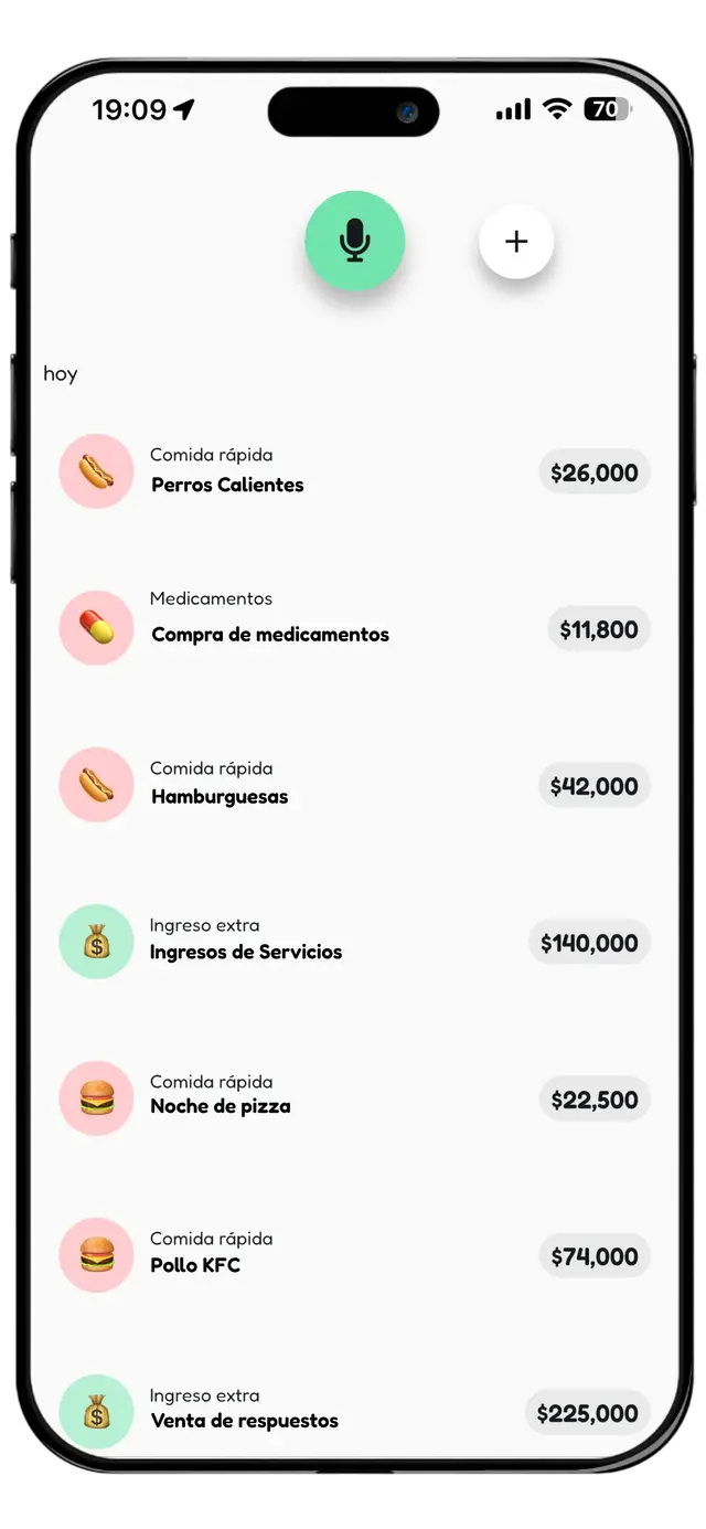 Pantalla de categorías de gastos
